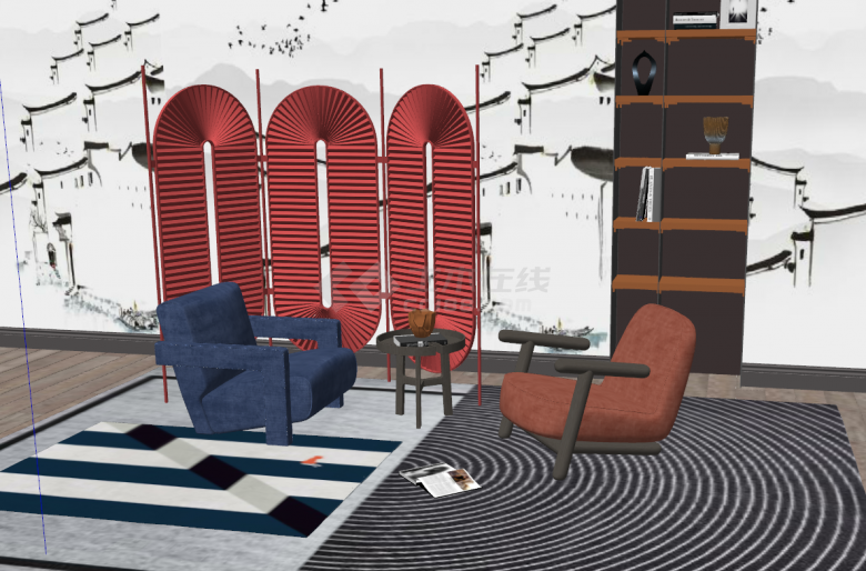 红色屏风的山水画组合背景轻奢客厅沙发组合su模型-图一