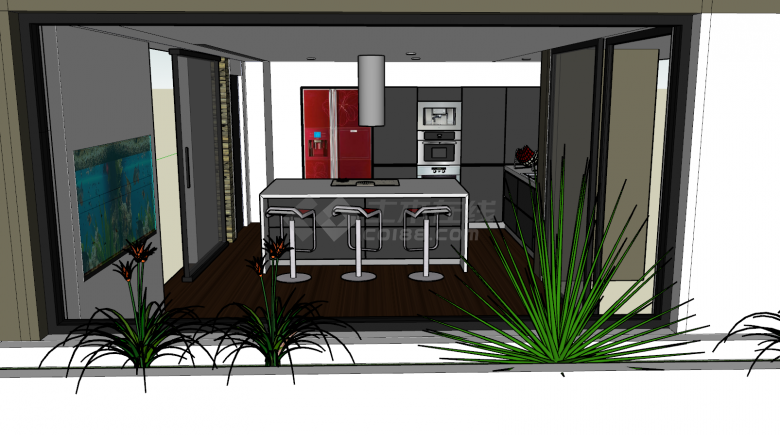 复古红灰色高格调的厨房空间 su模型-图一