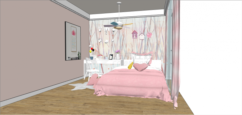 现代粉色系儿童卧房su模型-图二