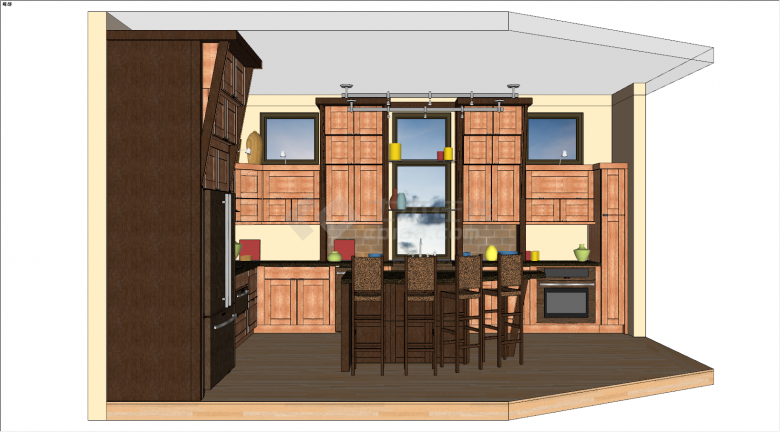 咖啡色桌椅的简易厨房空间su模型-图二
