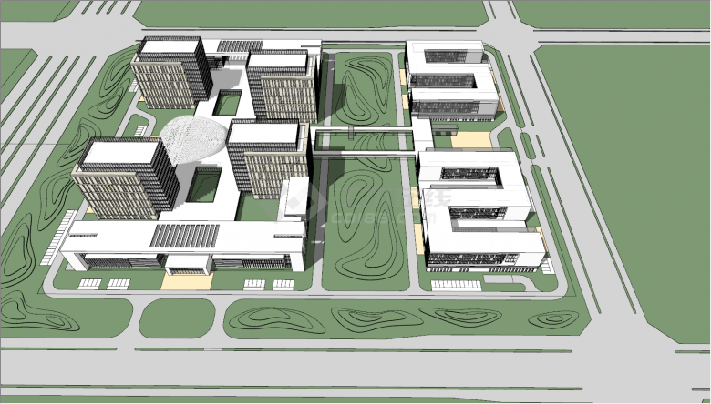  S型布局带有大草坪大广场的大马路的办公楼产业园su模型-图二