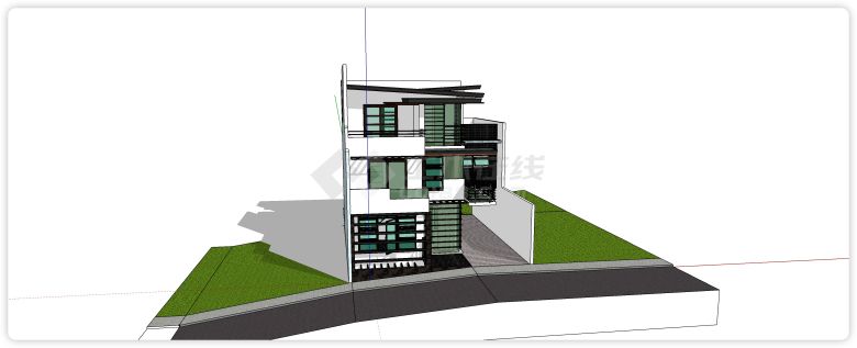 绿色玻璃白色建筑现代民宿su模型-图二