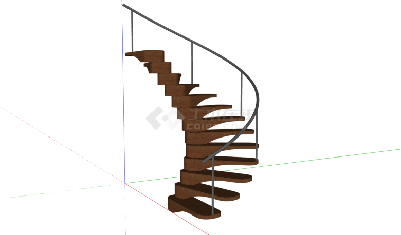 木板踏步铁扶手旋转楼梯su模型-图一