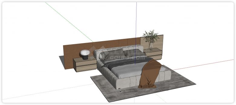 软包边双人床木制床头柜su模型-图二