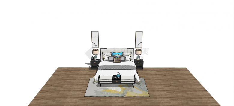 新中式木制地板简约卧室su模型-图一