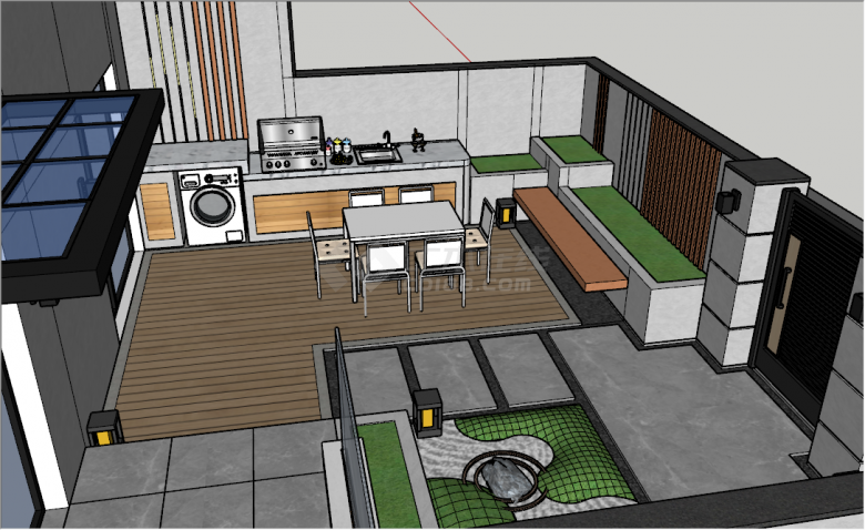 现代简约庭院小型餐厅厨房su模型-图一