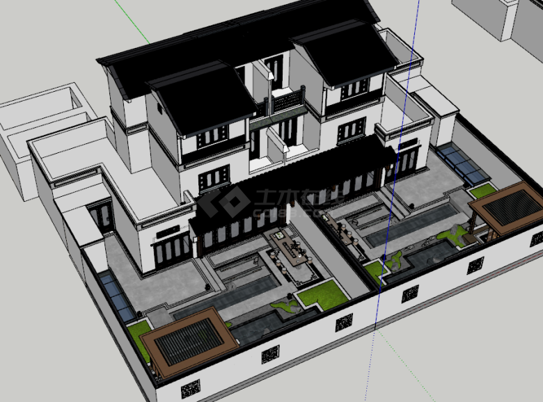 中式双栋别墅庭院花园 SU模型-图二