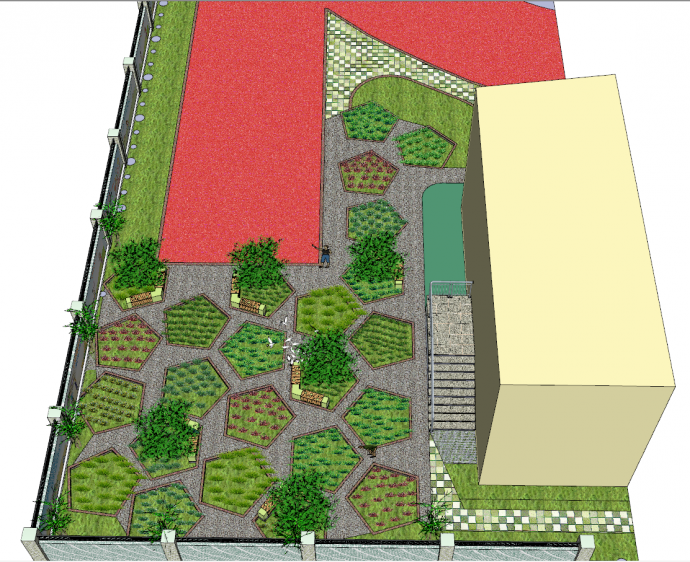 有五边型花盆和红色地毯的参考庭院 su模型_图1