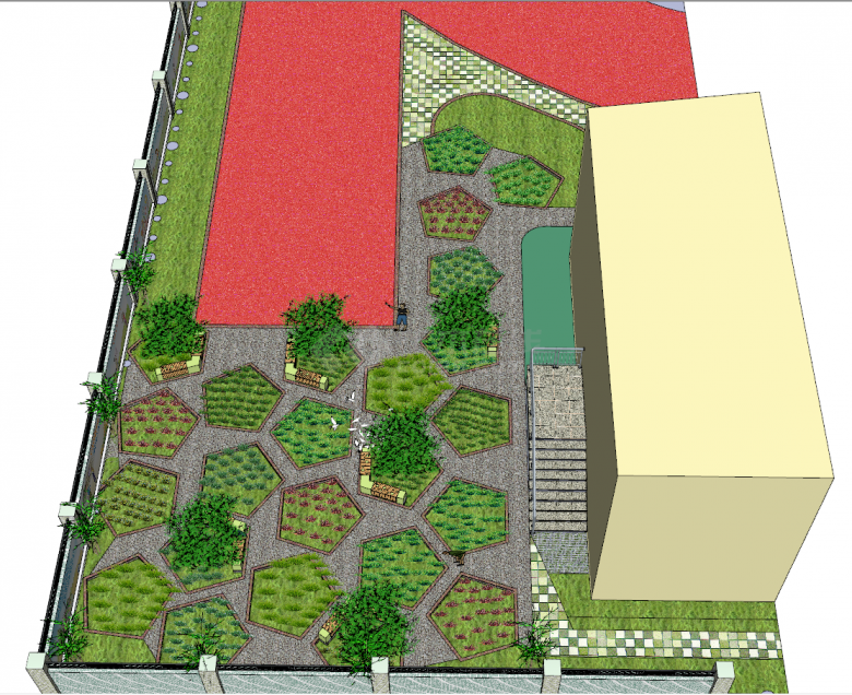 有五边型花盆和红色地毯的参考庭院 su模型-图一