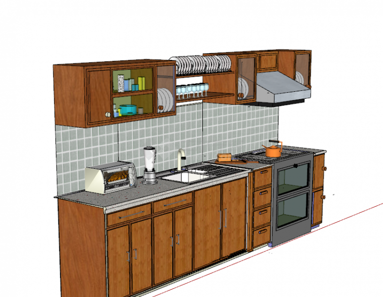 木质柜洗手池一体厨房su模型-图一