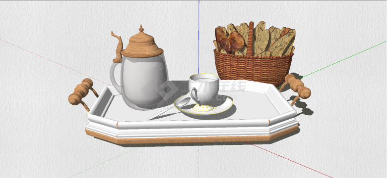 现代带把瓷盘和餐具和装面包干篮子su模型-图二