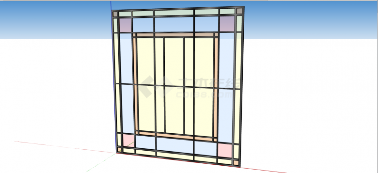 新中式卧室彩色四方隔断玻璃窗su模型-图一