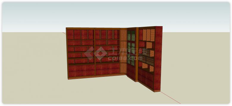 中式实木结构直角转角书柜su模型-图二