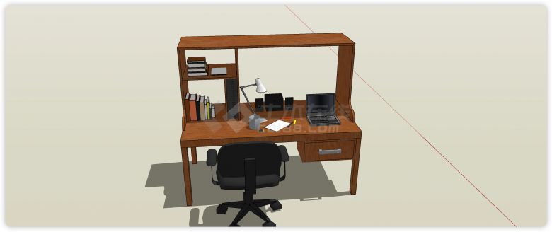实木电脑桌办公桌书架一体柜子su模型-图二