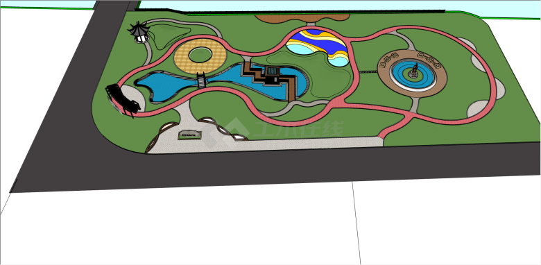 中式多元素带状线性公园su模型-图一