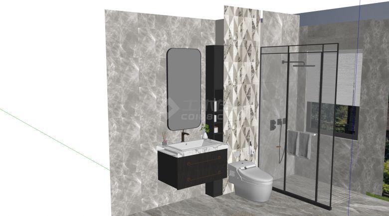 现代家居卫生间黑色双层抽屉柜体白色洗手台su模型-图二