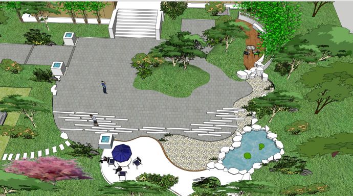 现代水池灰色仿古地砖游园景观设计su模型_图1