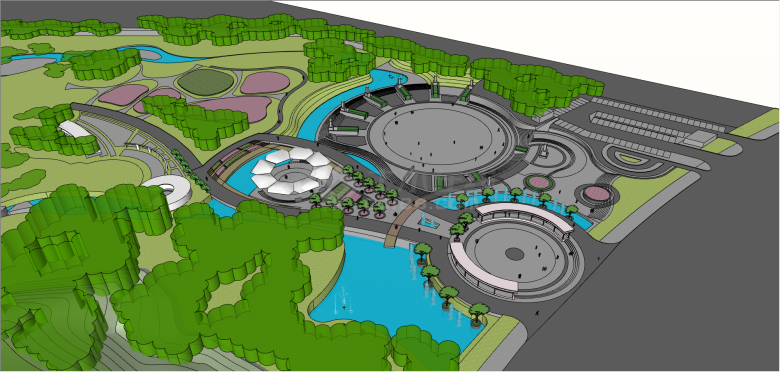 多喷泉园林广场公园su模型-图一