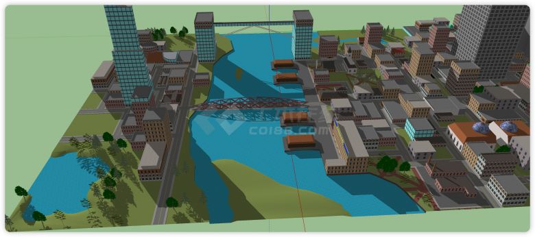 河两岸城市规划商业综合体建筑su模型-图一