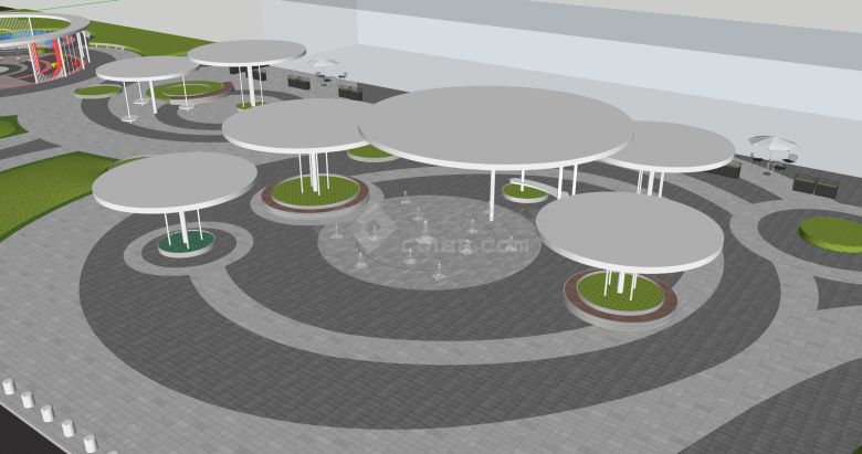 白色巨型圆盘遮阳篷小型喷泉休闲公园su模型-图二