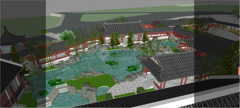 凉亭水池假山的杭州公园景观建筑设计su模型-图一