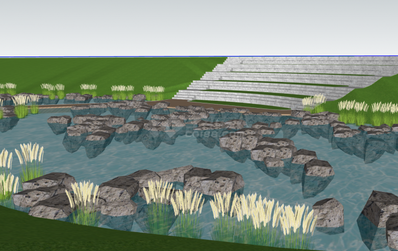 有很多碎石的雨水花园湿地su模型-图一