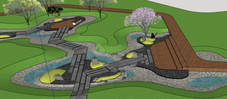 褐色黑色小路雨水花园湿地SU模型-图一
