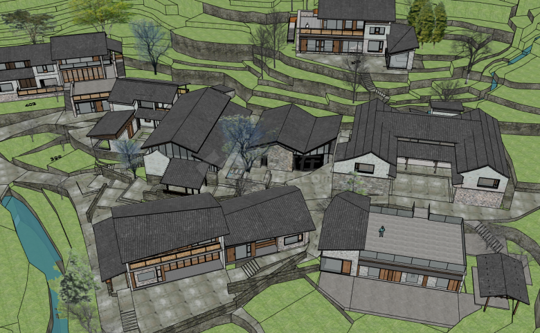有很多阶梯的乡村村庄村落su模型-图一