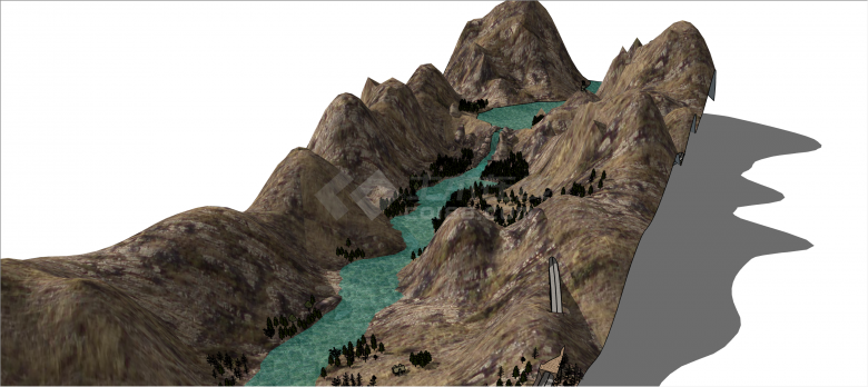 蜿蜒的带水流山脉山体su模型-图二