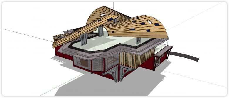 酒红色集装箱两层扇形木造型屋顶su模型-图二