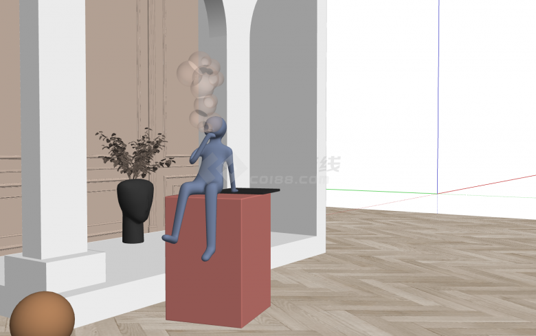 灰色坐姿吹泡泡小人现代雕塑su模型-图二