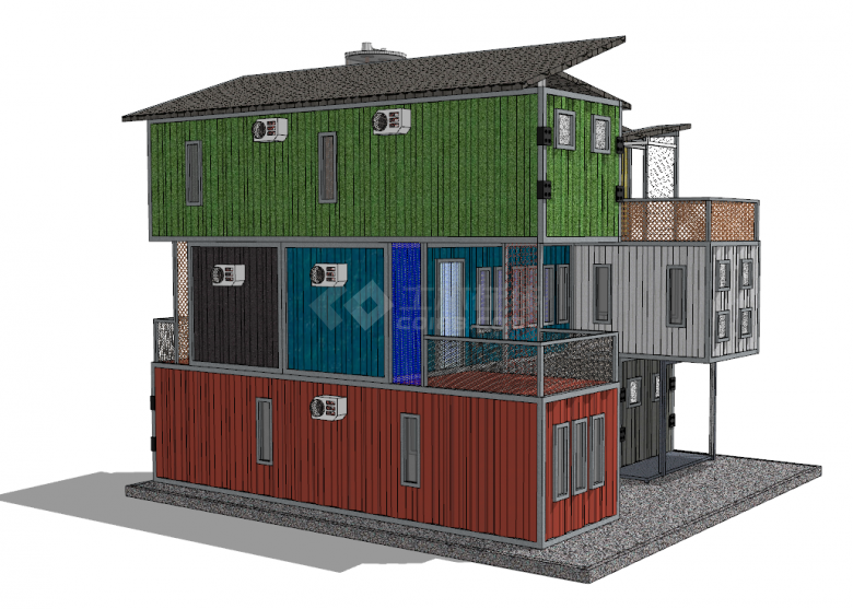 现代搭建集装箱式独栋房屋su模型-图二