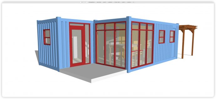 蓝色双集装箱红色窗框门框别墅su模型_图1