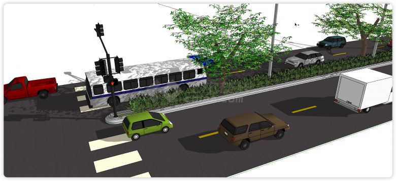 中间绿化带双向四车道道路公路su模型-图二