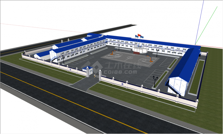 公路边三面建造双层蓝顶活动板房带户外篮球场和停车场su模型-图二