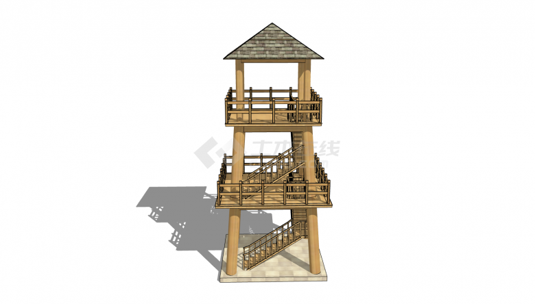 中式三层瞭望塔建筑物su模型-图二
