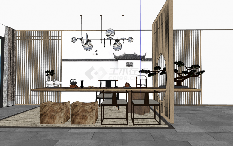 中式长形大木板盆景木凳饮茶室su模型-图一