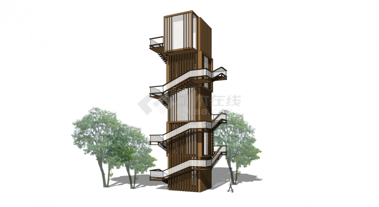 现代木质瞭望塔建筑物su模型-图二