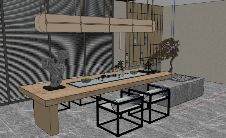 鹅卵石枯松树盆景木质长桌新中式茶室su模型-图二