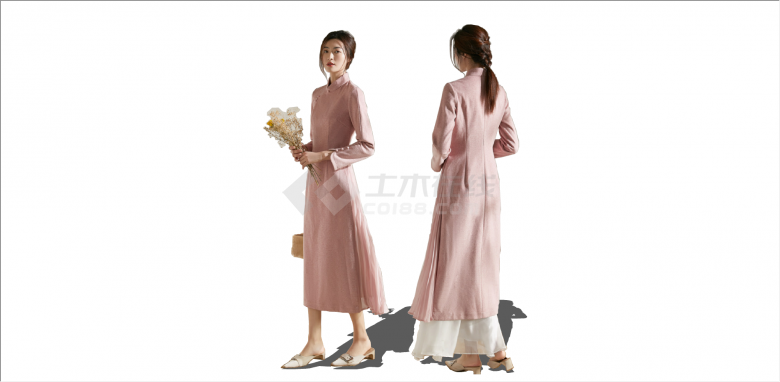 新中式粉色旗袍款穿搭人物su模型-图一