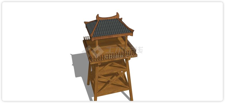中式古代木结构牛头屋顶瞭望塔su模型-图二