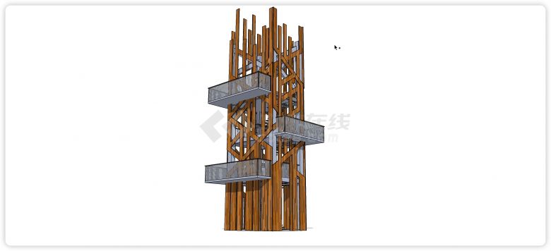 现代钢筋结构三层瞭望塔建筑物su模型-图一