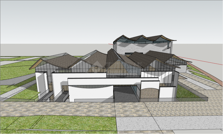 人字坡屋顶加装玻璃采光好灰墙设计新中式展览馆su模型-图二
