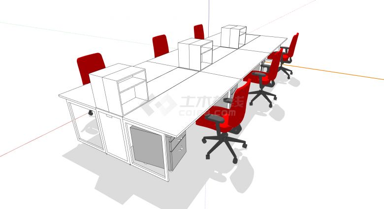 红色办公座椅面对面3连排带桌面文件柜办公桌su模型-图一