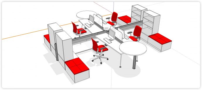 对坐四位办公位后面带储物柜办公桌su模型_图1