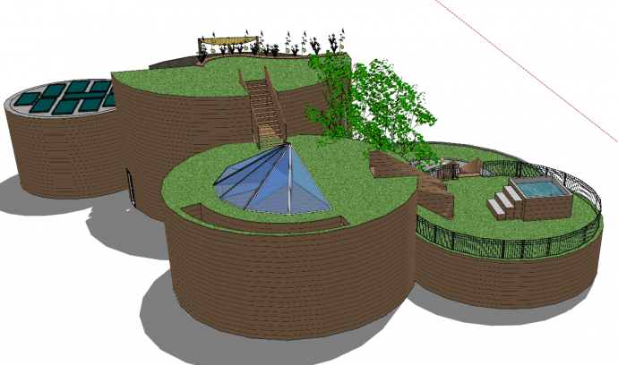 房顶带草坪的圆形的现代民宿 su模型_图1