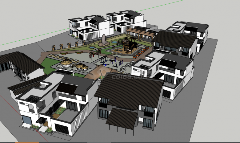 带有多栋矮层建筑的美丽乡村公园su模型-图一