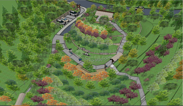 带有茂密树木的乡村广场公园su模型-图二