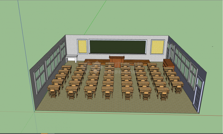 带棕色书桌小型教室su模型-图一