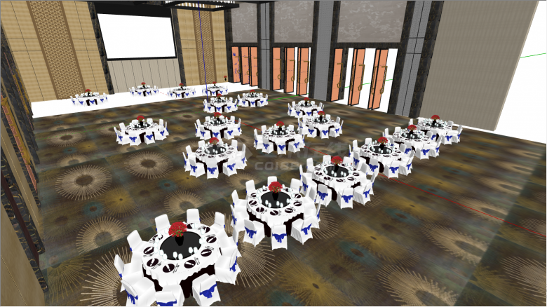 带花型地板的白色桌椅的宴会厅su模型-图二